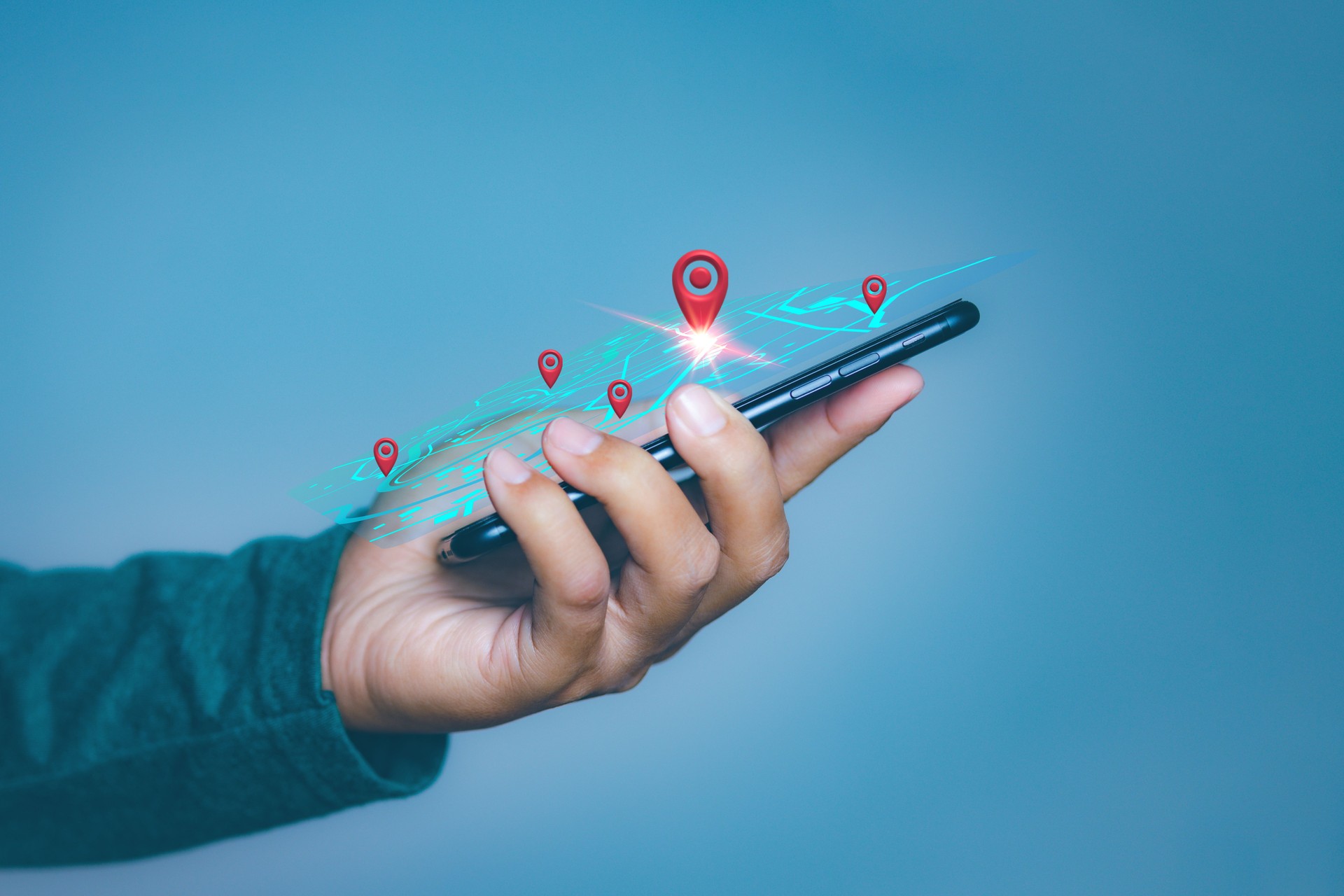 Location point, icon maps and find places in the online system, Businessman using mobile smartphone of searching information location maps. Connection line over the map, Navigation concept.